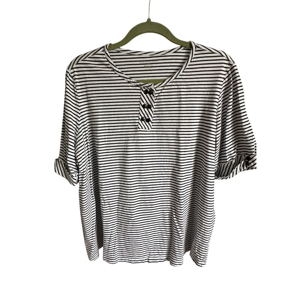 Appleseed's Women 1X Black White Striped Henley Half Sleeve Knit‎ Top RN 76915